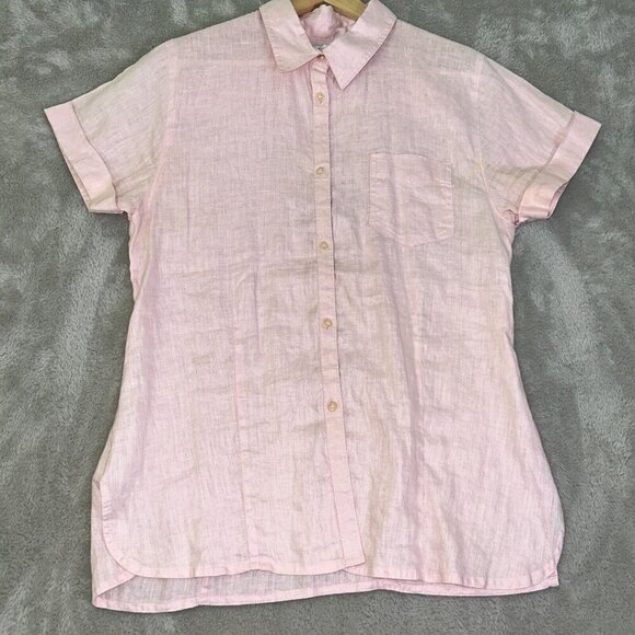 Valerie Stevens Pink 100% Pure Linen Top Womens Medium Cap Sleeve Button Up - Picture 1 of 6